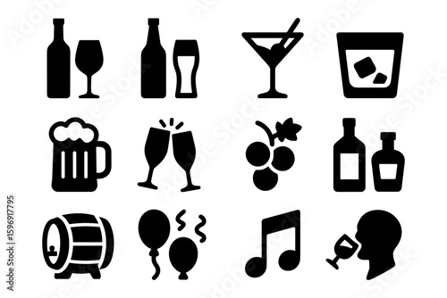 Bold silhouette icons of drinks and party elements in black and white