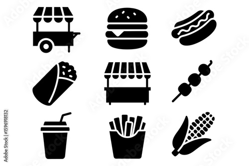 Silhouette icons of popular street food snacks for modern design