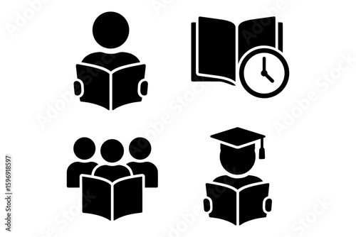 Education and learning icons: reading, study group, time management, graduation