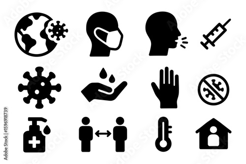 Health and safety icons: social distancing, hygiene, mask, and covid precautions