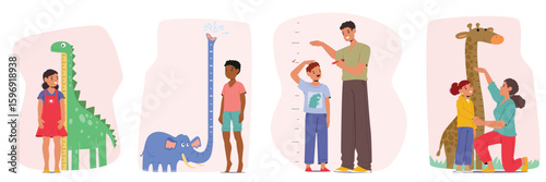 Adorable children height measurement with cute ruler and wall scale isolated cartoon scene set