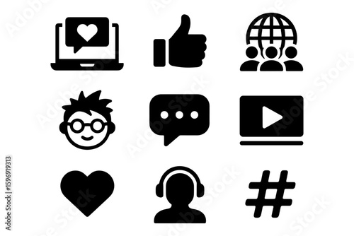 Minimalist black social media icons set with laptop, like, and hashtag symbols