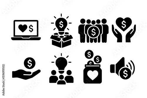 Financial support and crowdfunding symbol set in black silhouette style