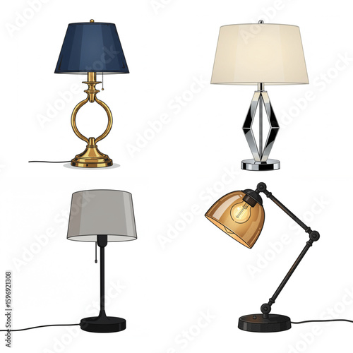 Collection of lamps, including desk and table lamps, in various styles for home lighting and decor illustration