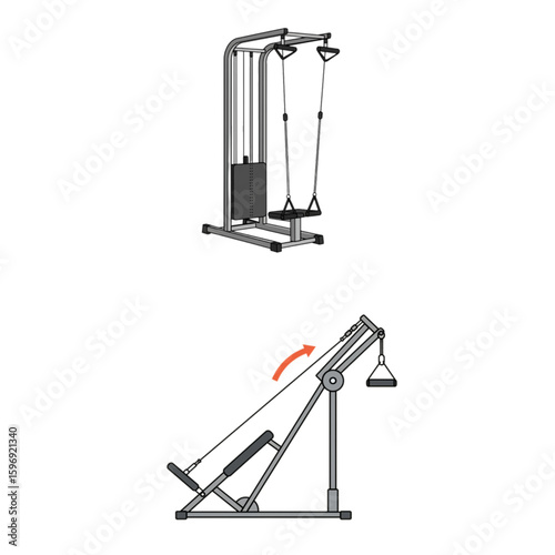 Two configurations of a fitness machine used for leg presses and arm exercises at the gym