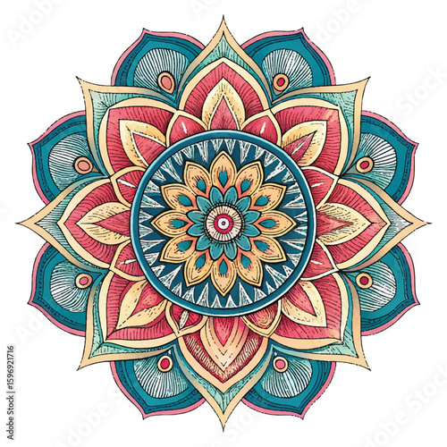 Hand-drawn mandala with floral and geometric patterns in teal, coral, and yellow tones on white background. Perfect for boho decor, meditation art, henna design, and spiritual illustrations.