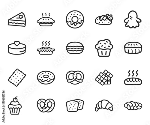 Collection of Bakery and Dessert Icons in Line Style Including Cake Pie Donut and Croissant | Ai Generated Icon