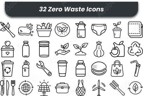 Vector art of a set of zero waste icons isolated on white background
