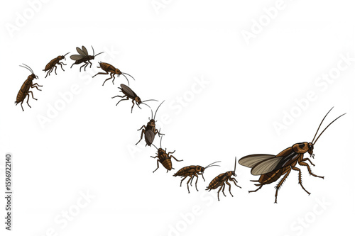 Cockroaches moving in a curve, showing pest infestation, insect development, and the stages of life cycle progression