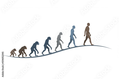Stages of human evolution showing primates developing into modern man walking upward, progress and development