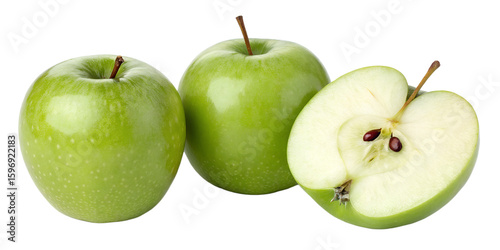 Green apple isolate. Apples on white background. Whole, half, slice green apple set with clipping path.
