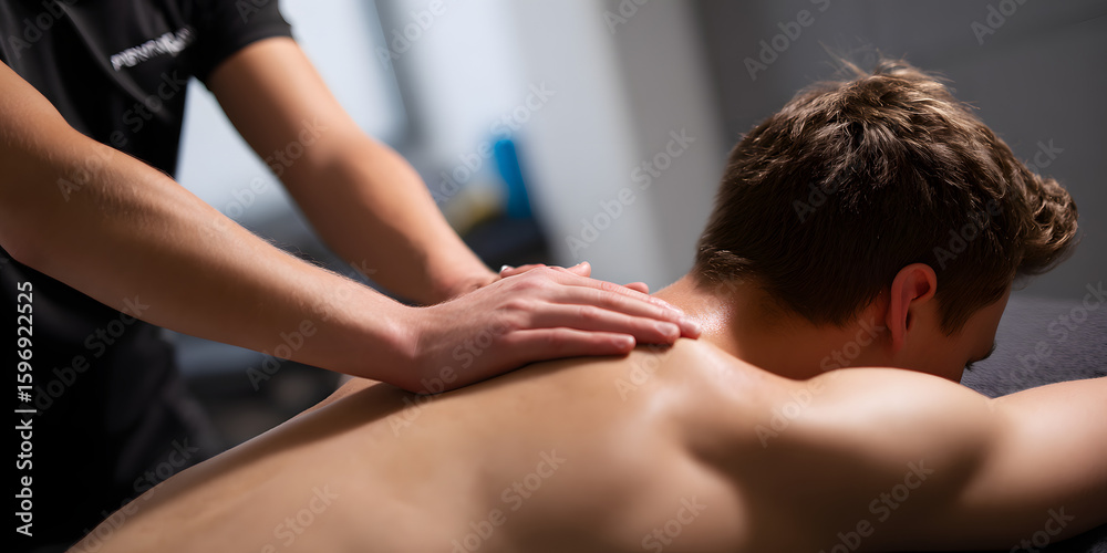 Obraz premium Physiotherapist providing a massage to the back of a young athlete in a sports rehabilitation clinic, showcasing effective techniques for recovery in this high quality photo.