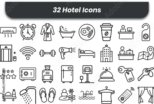 Vector art of a collection of hotel icons representing travel and accommodation services