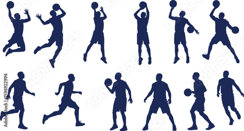 Basketball Player Silhouettes Collection, Action Poses with Ball, Dunking, Dribbling, Jump Shots, Sport Athlete Movements, Blue Vector Art, Competitive Basketball Motion Illustration