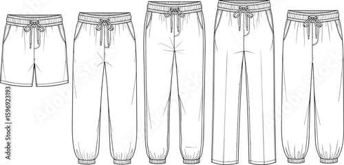CAD drawing flat vector illustration of men’s shorts and pants, technical fashion sketch, joggers, trousers, loungewear, apparel design template