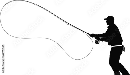 Fly fishing silhouette of man casting line, angler with rod, outdoor sport activity, fisherman illustration, black and white vector, nature adventure concept art.