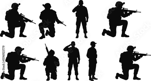 Military soldier silhouettes in various action poses, armed forces with rifles, saluting, kneeling, tactical gear, combat readiness, black vector illustration, army troops graphic set