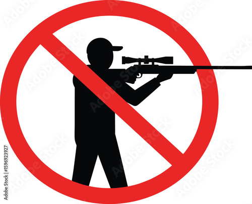 No hunting sign vector, prohibition symbol with rifle shooter silhouette, anti-poaching alert graphic, wildlife protection icon, red warning notice for conservation and safety