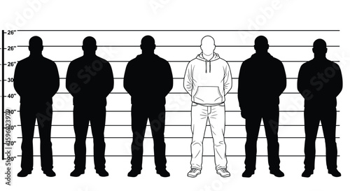 Police lineup silhouette illustration with suspect and shadowed figures, criminal identification scene, law enforcement vector for crime, justice, security, or investigation themed projects