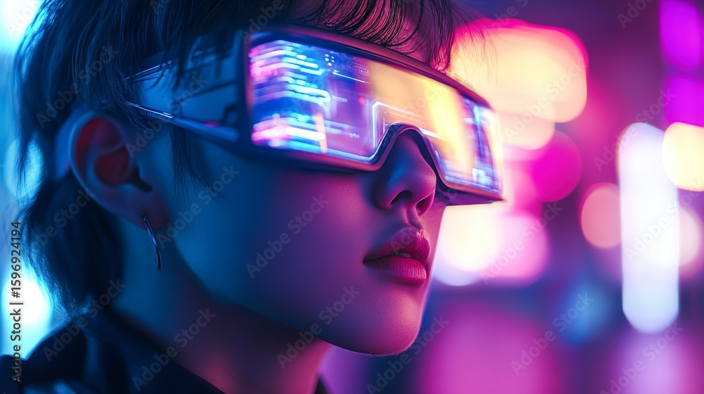Futuristic digital technology mockup featuring a person with neon glasses in a vibrant urban setting Futuristic digital technology mockup featuring a person with neon glasses in a vibrant urban setting