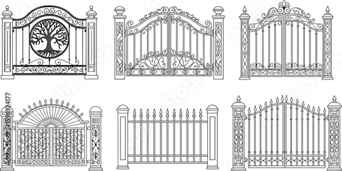 Set of decorative wrought iron gates, classic and modern gate designs, elegant metal fences, black vector illustrations, ornate entrance artwork, luxury fence elements