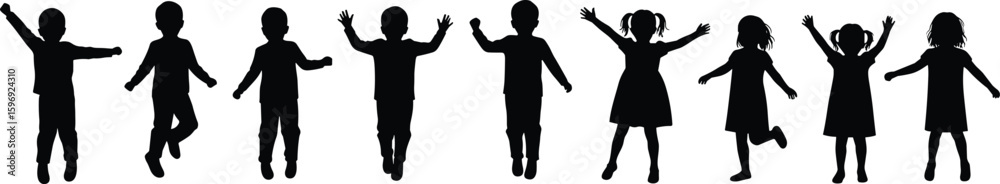 Silhouettes of Happy Children Playing, Kids Jumping and Dancing Art, Childhood Joy Concept, Active Kids Silhouette Design, Group of Children in Motion Illustration Silhouettes of Happy Children Playing, Kids Jumping and Dancing Art, Childhood Joy Concept, Active Kids Silhouette Design, Group of Children in Motion Illustration