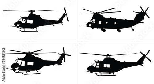 Silhouettes of military helicopters – black vector set of army choppers including transport and attack models, isolated aircraft icons for aviation or defense illustrations