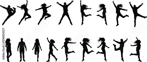 Silhouettes of People Jumping and Dancing, Joyful Human Poses Collection, Energetic Motion Illustration, Happy Expressive Figures Art, Freedom and Movement Concept Isolated Design

