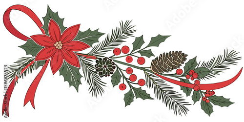 festive christmas swag with poinsettia isolated on white background.