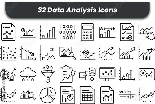 Vector art of data analysis icons illustrating charts, graphs, and statistical information representation