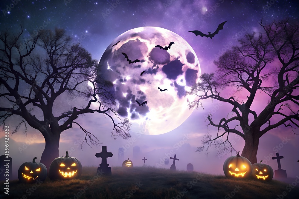 Fototapeta premium Photo of glowing halloween pumpkins and crosses in a spooky graveyard under a full moon and starry sky