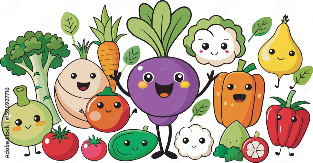 Fototapeta premium Kawaii vegetables cartoon characters smiling and waving