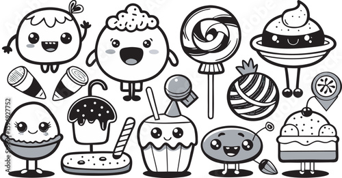 Kawaii food and candy characters black and white cute