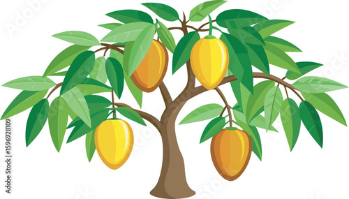 Yellow fruit hanging on green leafy tree branches fruit tree