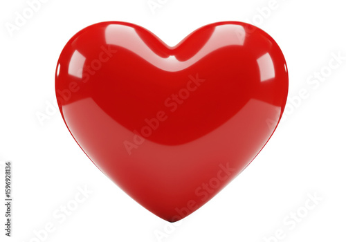 A single, vibrant red, glossy, perfectly symmetrical 3D heart with a wet-look and high reflections, isolated on a transparent studio background with shadowless lighting, concept for commercial