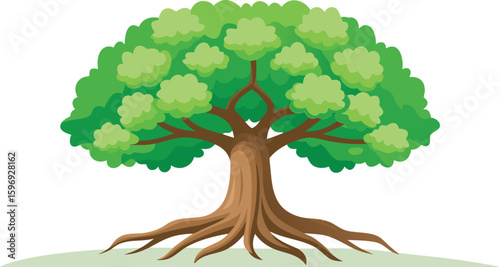 Stylized green tree with visible roots and branches