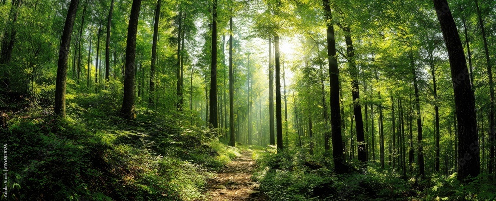 Fototapeta premium Sunlit Forest Trail Lush greenery, dappled sunlight filters through trees, creating a serene path ideal for hiking or nature posters