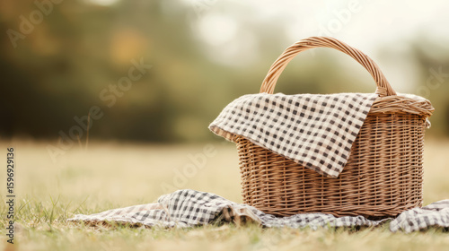 A wicker picnic basket with a checkered cloth draped over it sits on the grass in a soft-focused outdoor setting.