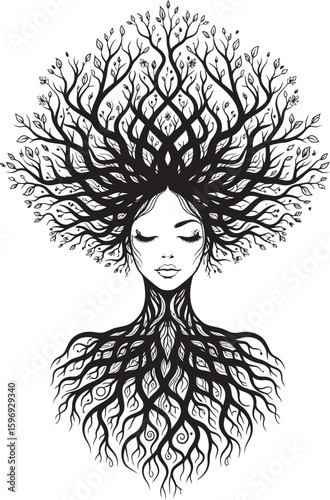 Woman with tree roots and branches as hair and body
