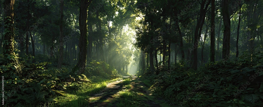 Fototapeta premium Sunlit Forest Path Lush greenery, dappled light, tranquil scene, ideal for nature documentaries