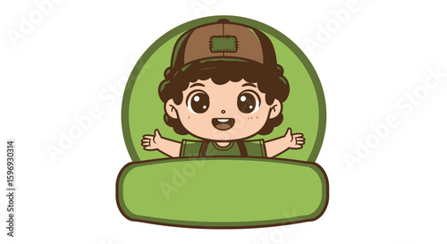 Happy Cartoon Boy in a Green T-Shirt and Cap with Open Arms