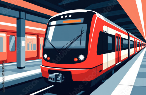 A modern red and white train arriving at an urban station platform