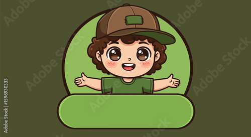 Happy Cartoon Boy in a Green T-Shirt and Cap with Open Arms
