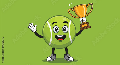 Cartoon Tennis Ball Holding a Trophy and Waving with a Smile