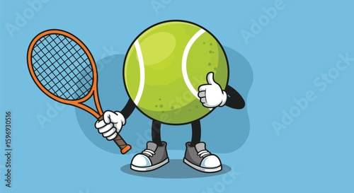 Tennis Ball Character with Racket Giving a Thumbs Up