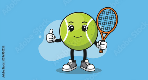Tennis Ball Character with Racket Giving a Thumbs Up