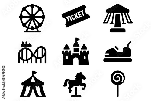 Amusement park fun: icon set featuring rides, tickets, and attractions