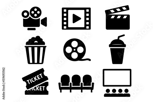 Cinema icons set: movie, film, and entertainment symbols in bold silhouette design