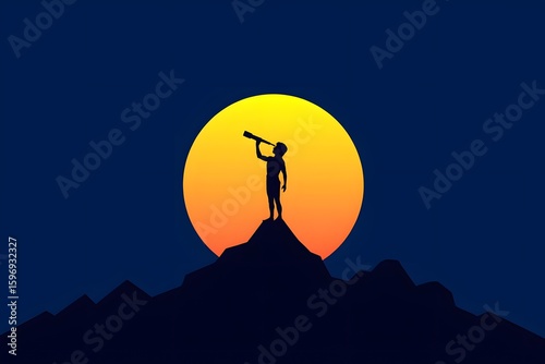 Silhouette man with telescope on mountain peak against sunset sky illustration