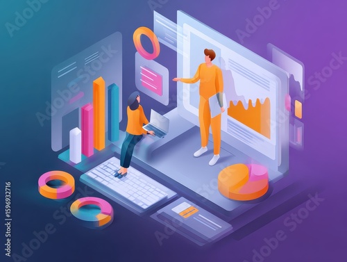 AI web analytics and marketing prediction analysis. Artificial intelligence analyzing customer behavior data. Data scientist using laptop computer to give instructions to AI.